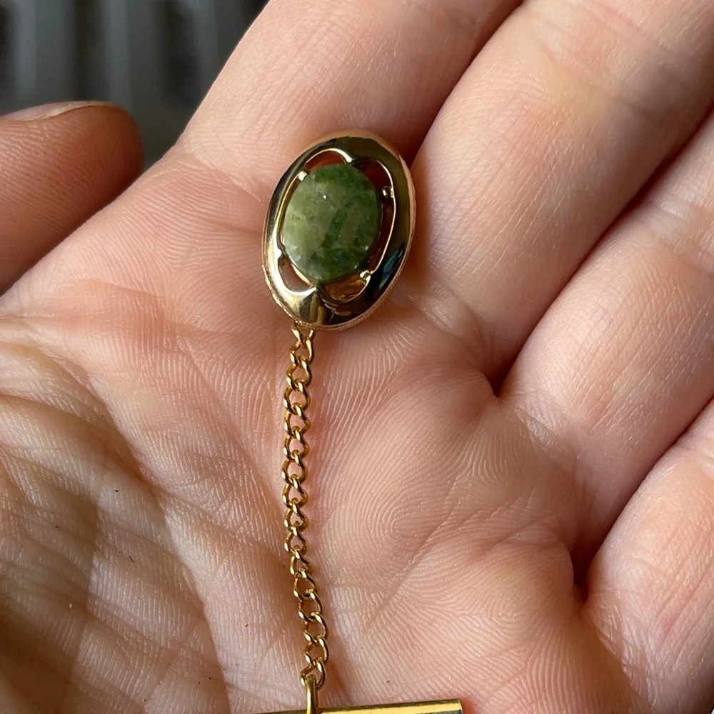 Vintage Genuine Mottled Green And White Jade Cufflink and Tie Tack Set